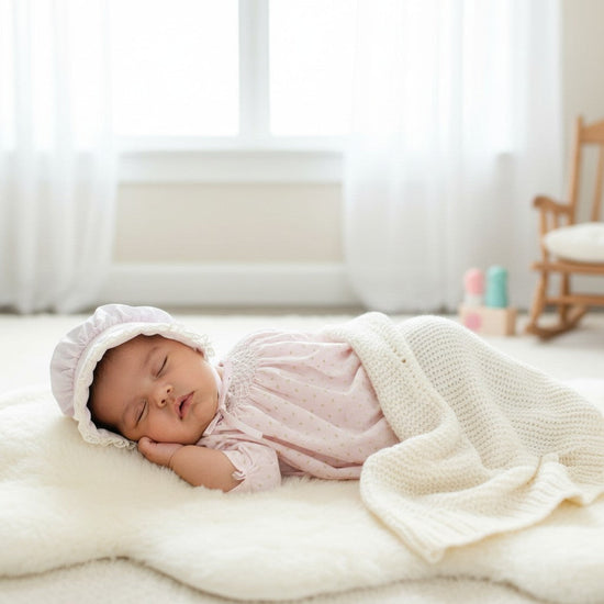 Carriage Boutique baby girl wearing a pink rosebud print cotton dress and matching bonnet sleeping on a rug
