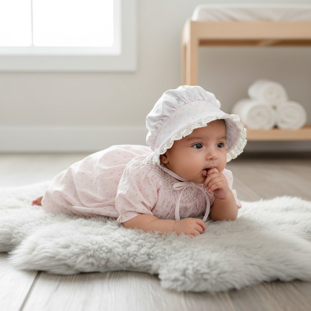 Carriage Boutique baby girl wearing a pink rosebud print cotton dress and matching lace-trimmed bonnet on a rug