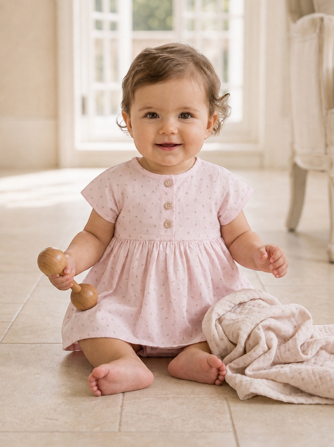 Carriage Boutique baby girl wearing a soft pink cotton dress with a rosebud print, wooden buttons, and puff sleeves.