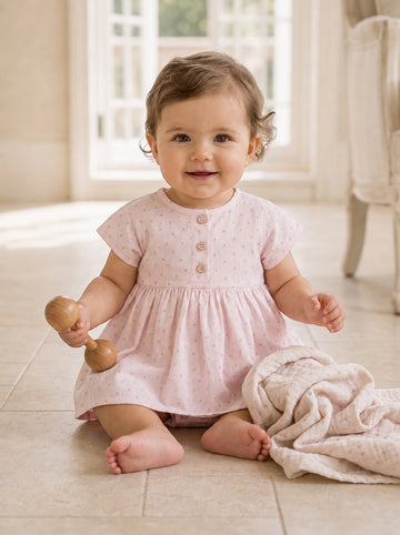 Carriage Boutique baby girl wearing a soft pink cotton dress with a rosebud print, wooden buttons, and puff sleeves.