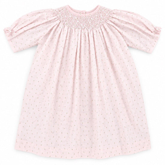 Carriage Boutique pink cotton baby dress with delicate rosebud print and smocked bodice detail