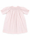 Carriage Boutique pink cotton baby dress with delicate rosebud print and smocked bodice detail