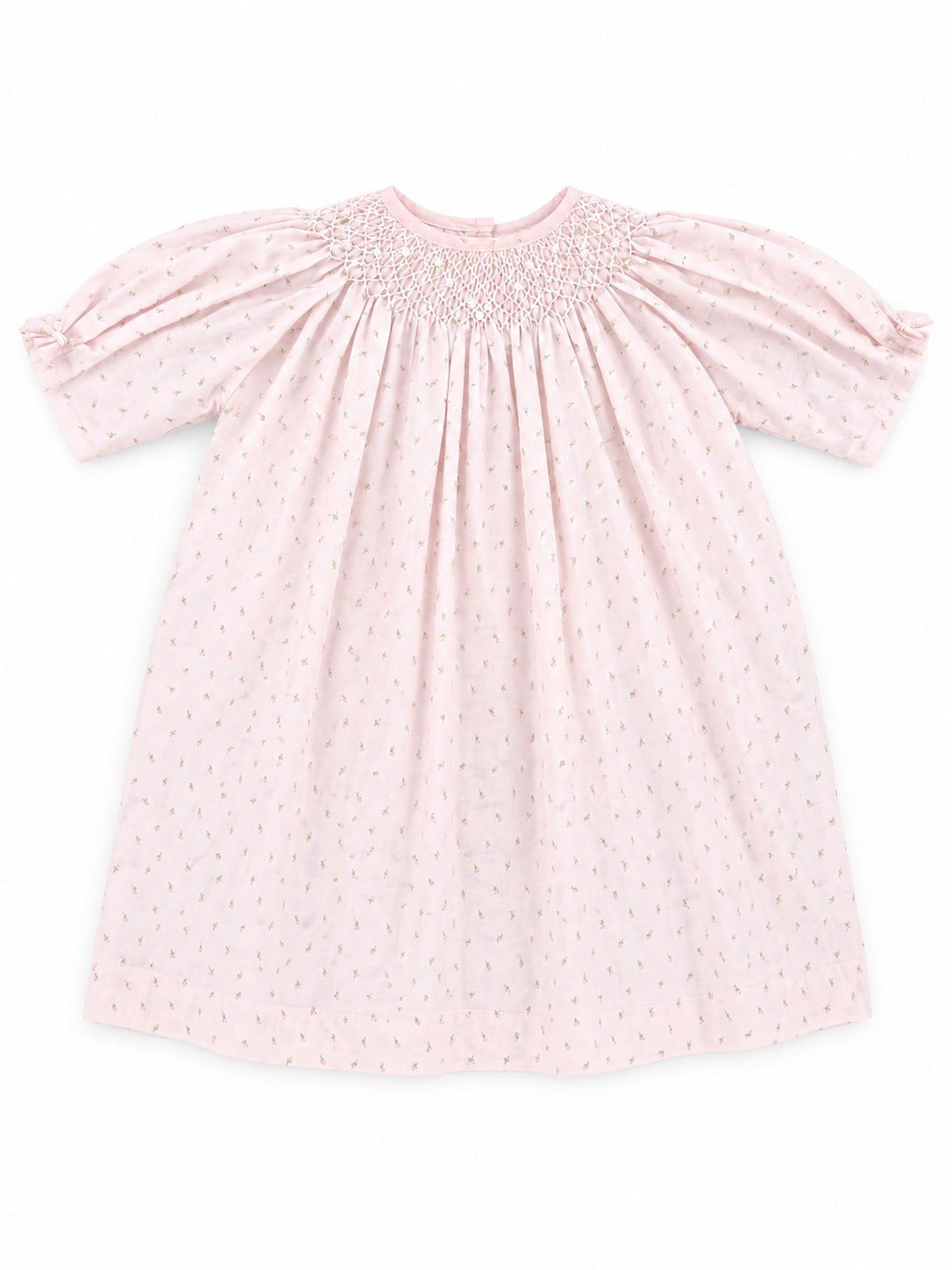 Carriage Boutique pink cotton baby dress with delicate rosebud print and smocked bodice detail