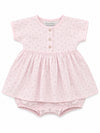 Carriage Boutique baby girl dress in soft pink with a delicate rosebud print, wooden buttons, and matching bloomers.