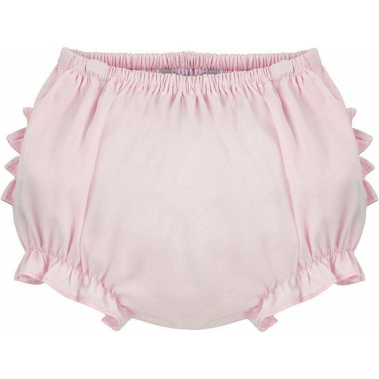 Carriage Boutique baby girls pink diaper cover bloomers with ruffled edges and an elastic waistband.
