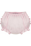 Carriage Boutique baby girls pink diaper cover bloomers with ruffled edges and an elastic waistband.