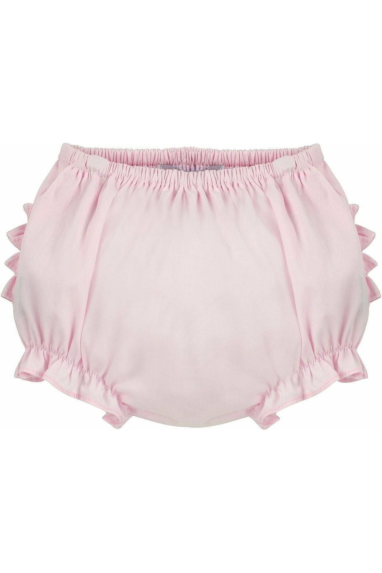 Carriage Boutique baby girls pink diaper cover bloomers with ruffled edges and an elastic waistband.