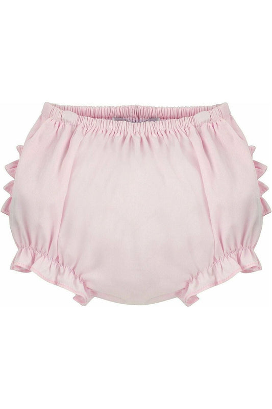 Carriage Boutique baby girls pink diaper cover bloomers with ruffled edges and an elastic waistband.