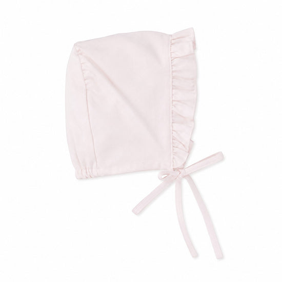 Carriage Boutique pale pink baby bonnet with ruffled trim and soft tie closure for a classic heirloom look