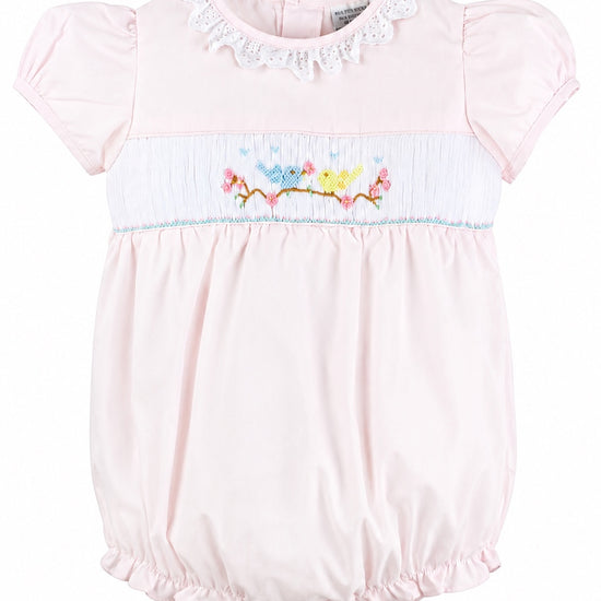 Carriage Boutique pink baby girl bubble romper with hand-smocked chest, bird embroidery, and white lace collar