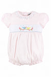 Carriage Boutique pink baby girl bubble romper with hand-smocked chest, bird embroidery, and white lace collar