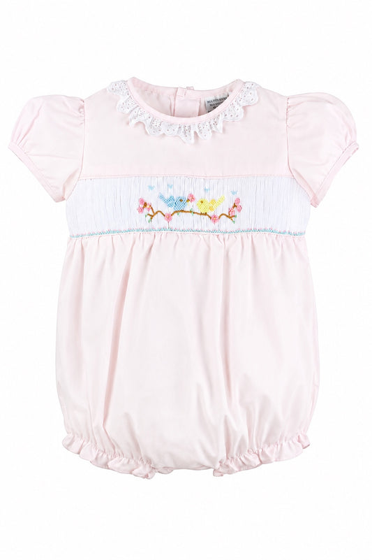 Carriage Boutique pink baby girl bubble romper with hand-smocked chest, bird embroidery, and white lace collar