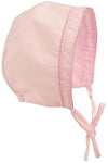 Carriage Boutique pink hand-smocked bishop dress bonnet with pearl cross detail and ties. 100% cotton.