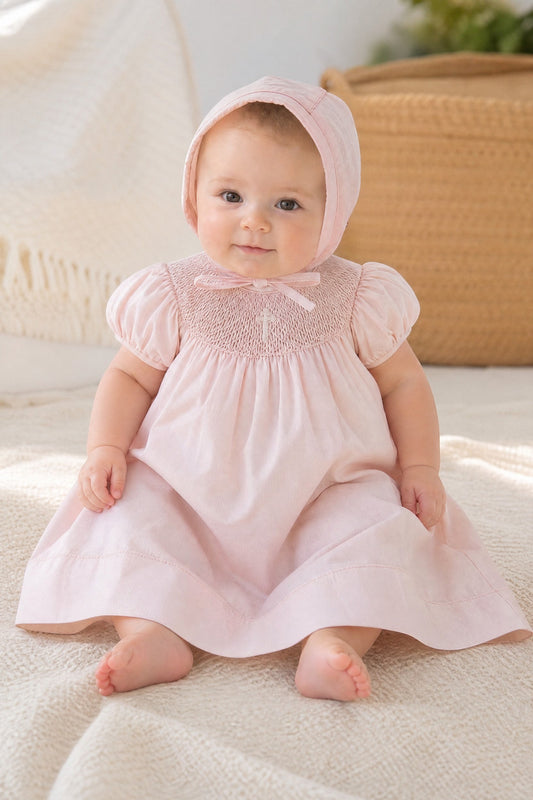 Carriage Boutique pink hand-smocked bishop dress with pearl cross detail and matching bonnet on baby girl.