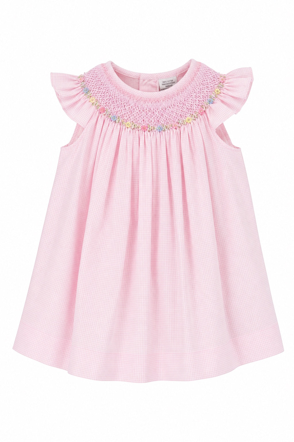 Carriage Boutique pink baby girl bishop dress with flutter sleeves and hand-embroidered floral smocking details.