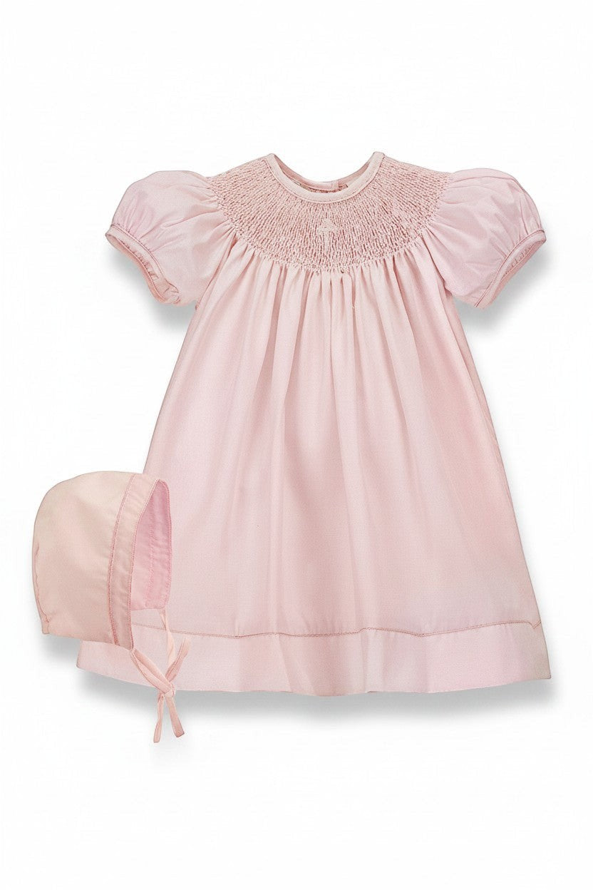 pink dress christening Pink Hand Smocked Pearl Cross Baby Girl Christening Bishop Dress with Bonnet