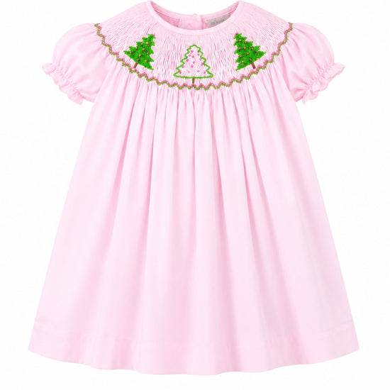 Carriage Boutique toddler girl pink cotton bishop dress with hand-smocked green and white Christmas tree embroidery.