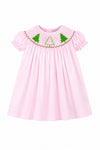 Carriage Boutique toddler girl pink cotton bishop dress with hand-smocked green and white Christmas tree embroidery.