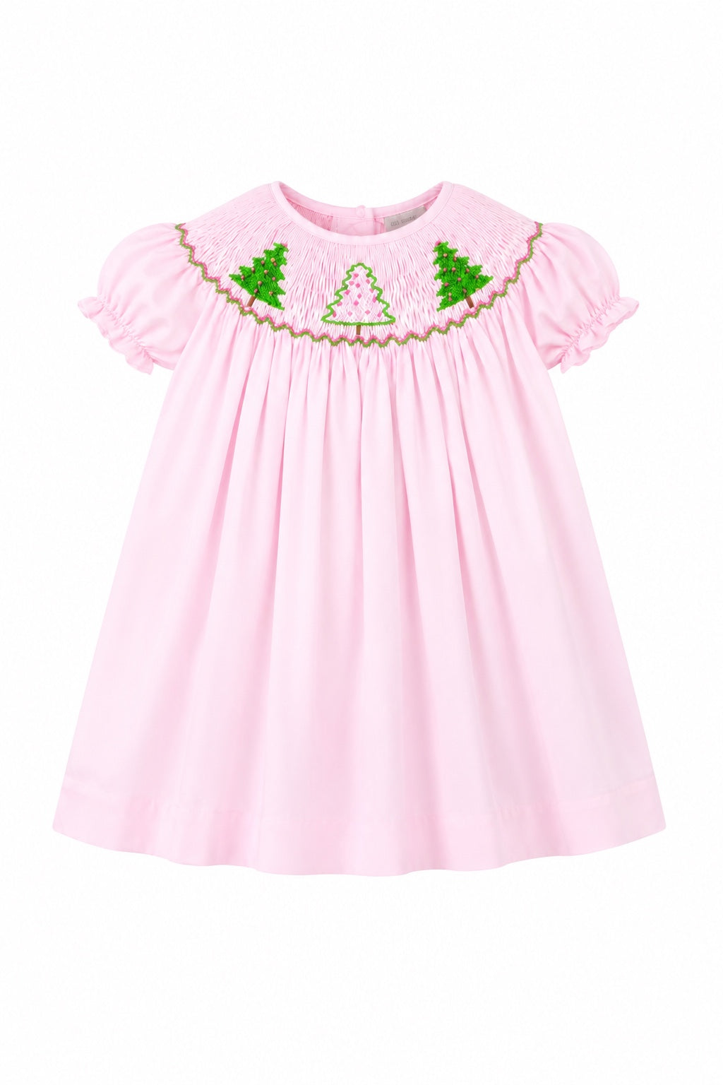 Carriage Boutique toddler girl pink cotton bishop dress with hand-smocked green and white Christmas tree embroidery.