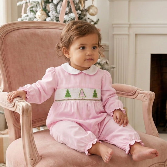 Carriage Boutique baby girl longall in soft pink cotton with smocked Christmas tree embroidery and white peter pan collar