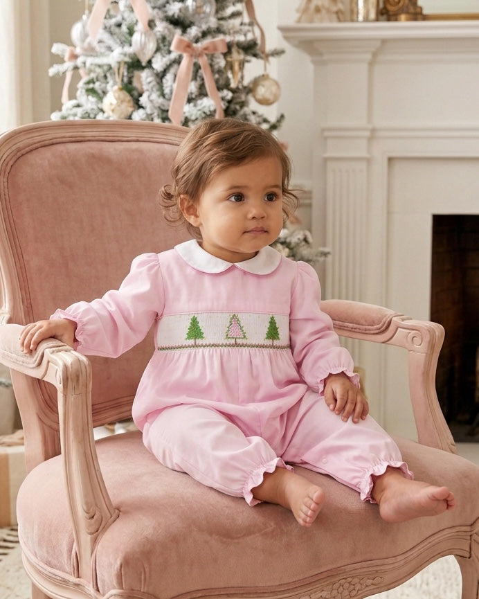 Carriage Boutique baby girl longall in soft pink cotton with smocked Christmas tree embroidery and white peter pan collar