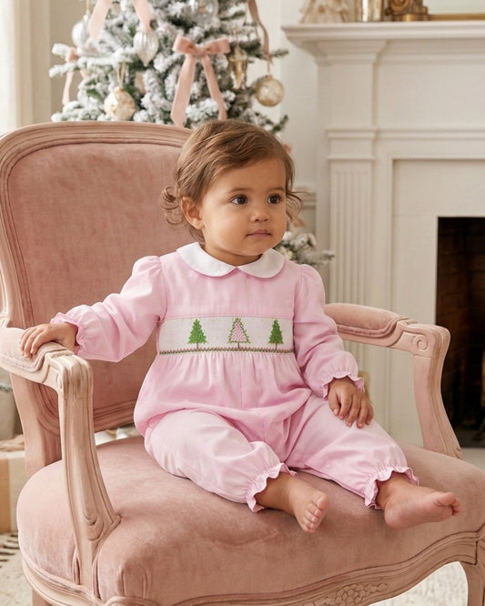 Carriage Boutique baby girl longall in soft pink cotton with smocked Christmas tree embroidery and white peter pan collar