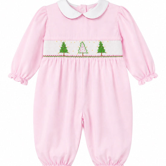 Carriage Boutique baby girl longall in soft pink cotton with smocked Christmas tree embroidery and white collar