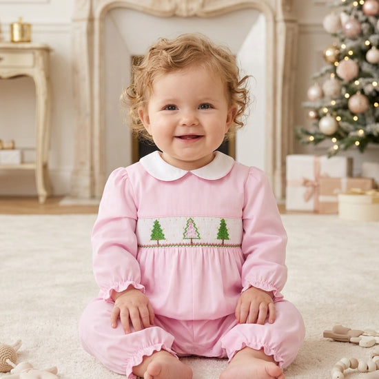 Carriage Boutique baby girl longall in light pink cotton with smocked Christmas tree embroidery and white collar