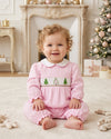 Carriage Boutique baby girl longall in light pink cotton with smocked Christmas tree embroidery and white collar