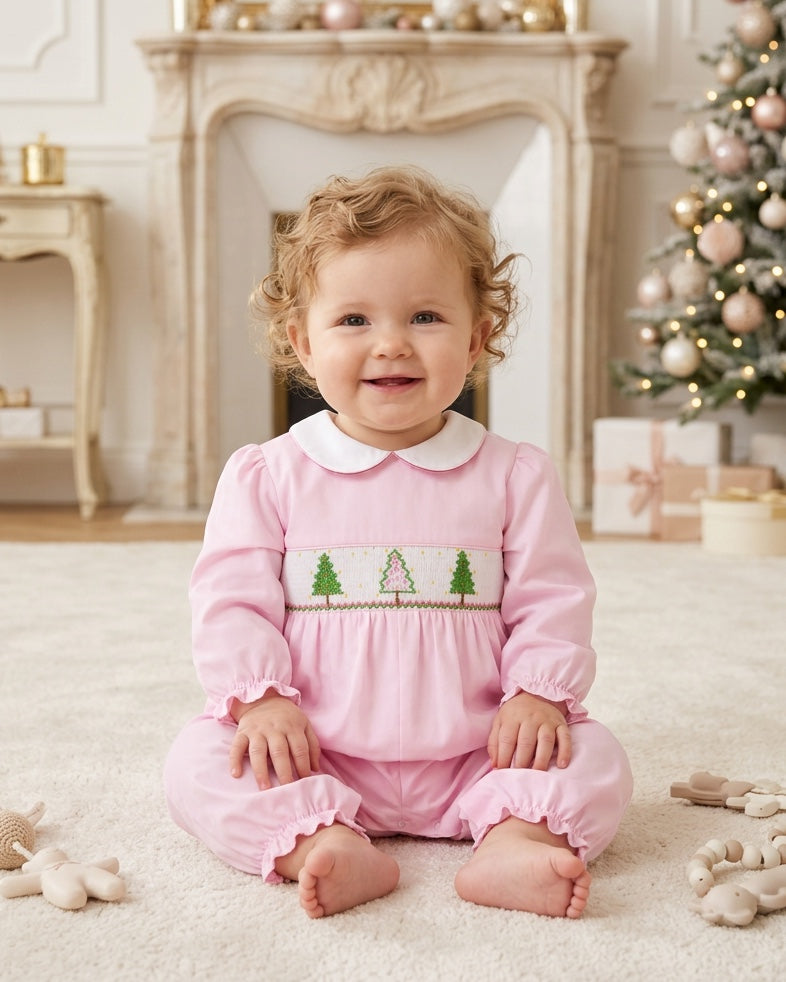 Carriage Boutique baby girl longall in light pink cotton with smocked Christmas tree embroidery and white collar