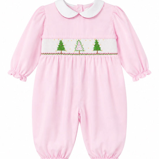 Carriage Boutique baby girl longall in soft pink cotton with smocked Christmas tree embroidery and white collar