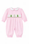 Carriage Boutique baby girl longall in soft pink cotton with smocked Christmas tree embroidery and white collar