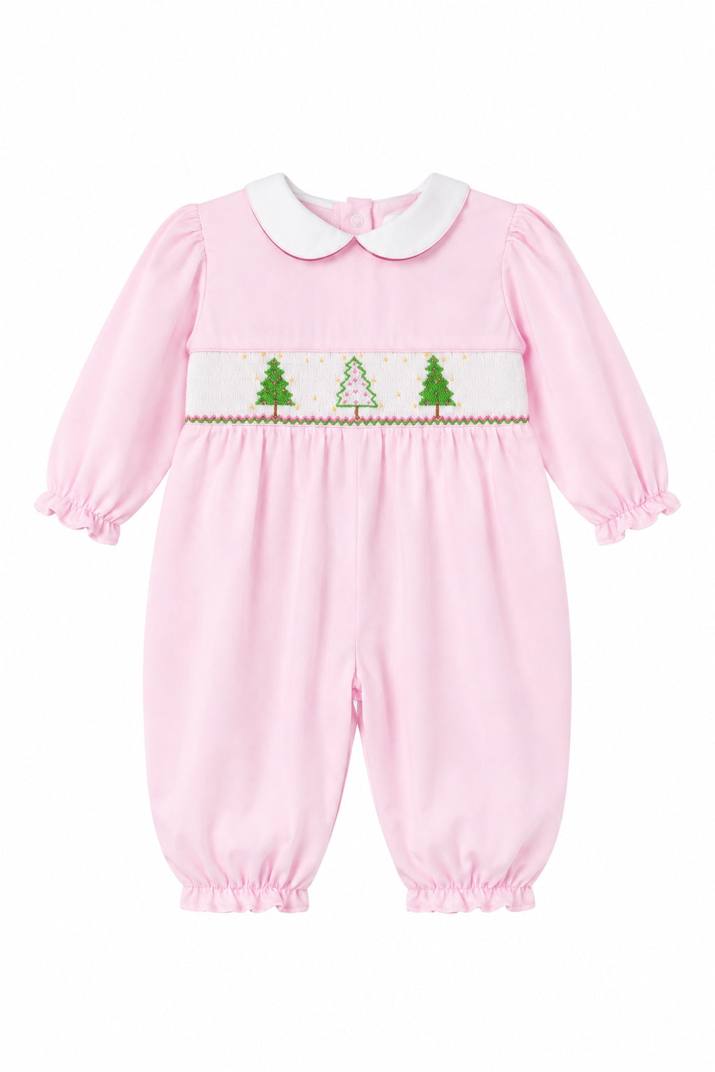 Carriage Boutique baby girl longall in soft pink cotton with smocked Christmas tree embroidery and white collar