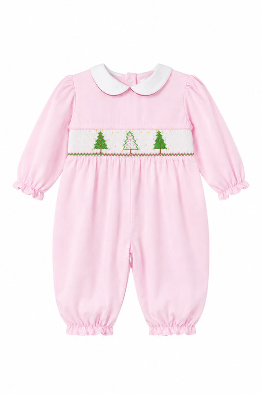Carriage Boutique baby girl longall in soft pink cotton with smocked Christmas tree embroidery and white collar