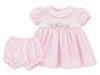 Carriage Boutique baby girl pink dress with hand smocking, bird embroidery, and matching ruffled bloomers.