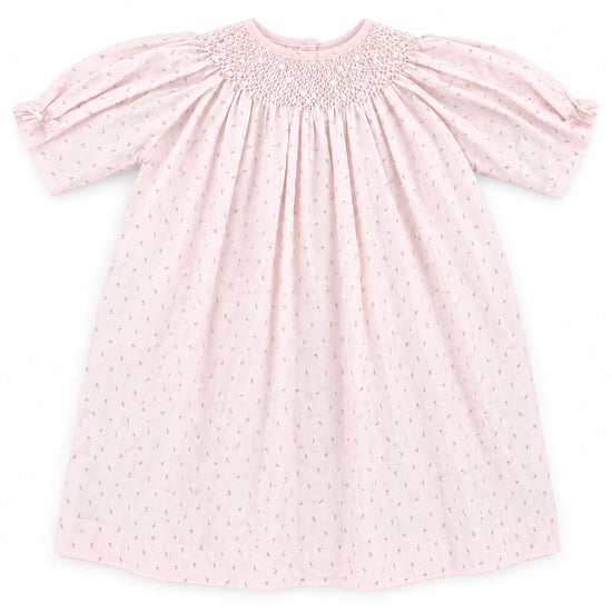 Carriage Boutique pink cotton baby girl dress with delicate rosebud print and intricate smocked neckline detail