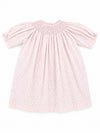 Carriage Boutique pink cotton baby girl dress with delicate rosebud print and intricate smocked neckline detail
