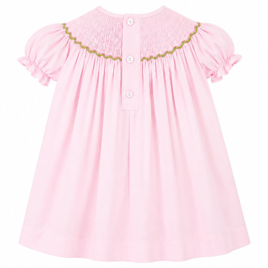 Carriage Boutique pink cotton toddler dress with smocked bishop neckline and back button closure