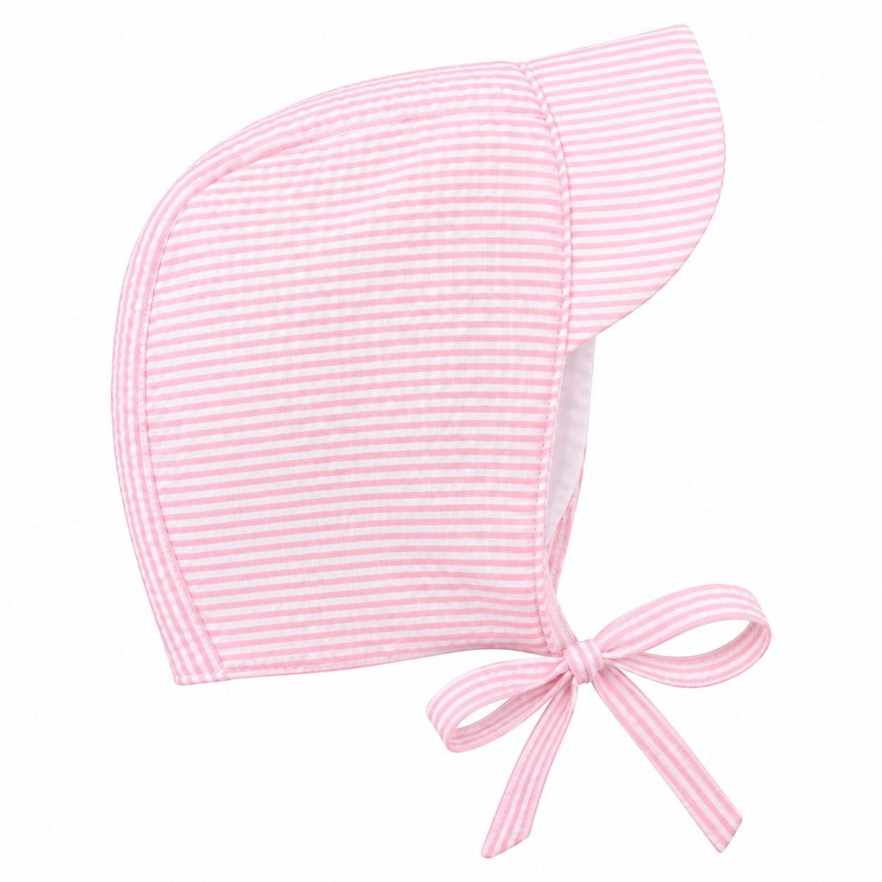 Carriage Boutique baby girl sun hat in pink and white striped seersucker cotton with a tie chin strap.