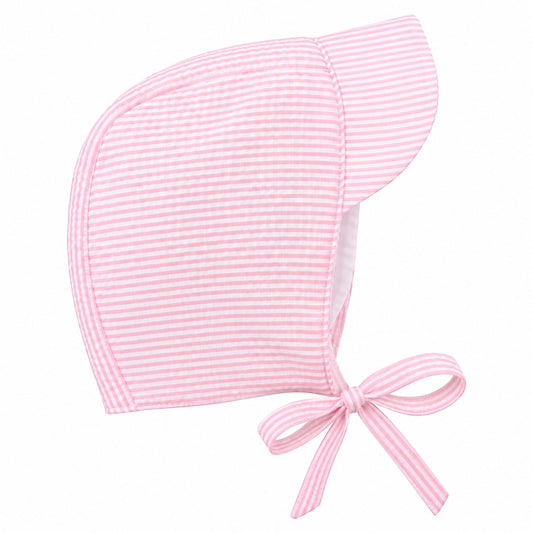 Carriage Boutique baby girl sun hat in pink and white striped seersucker cotton with a tie chin strap.
