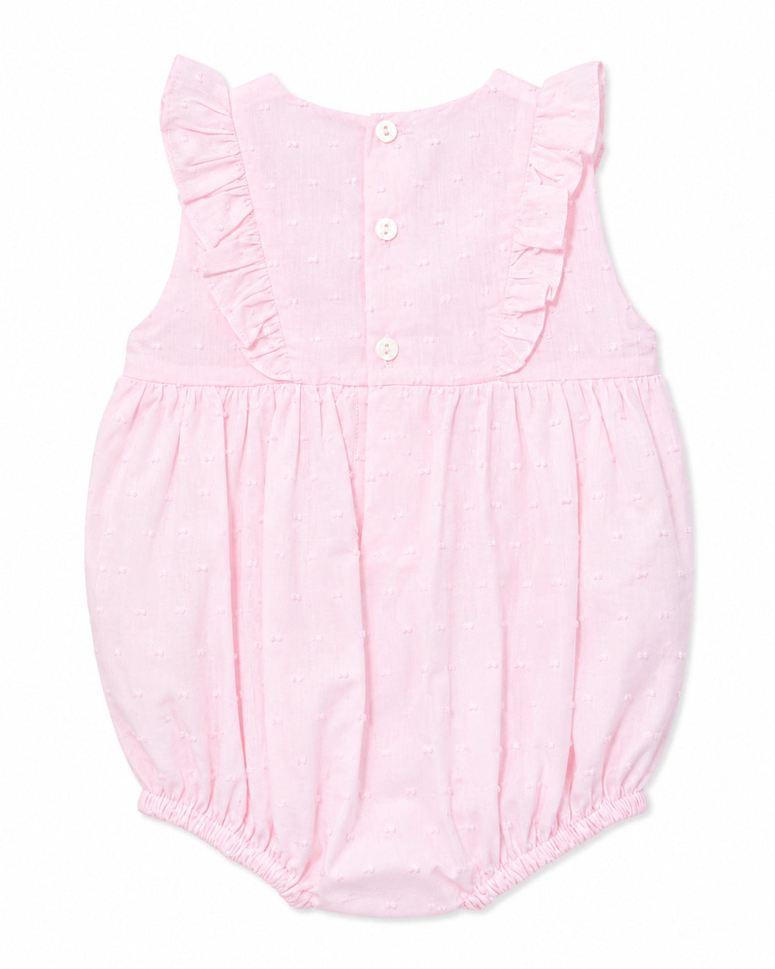 Carriage Boutique baby girl bubble romper in soft pink with Swiss dot texture, ruffled shoulders, and back buttons.