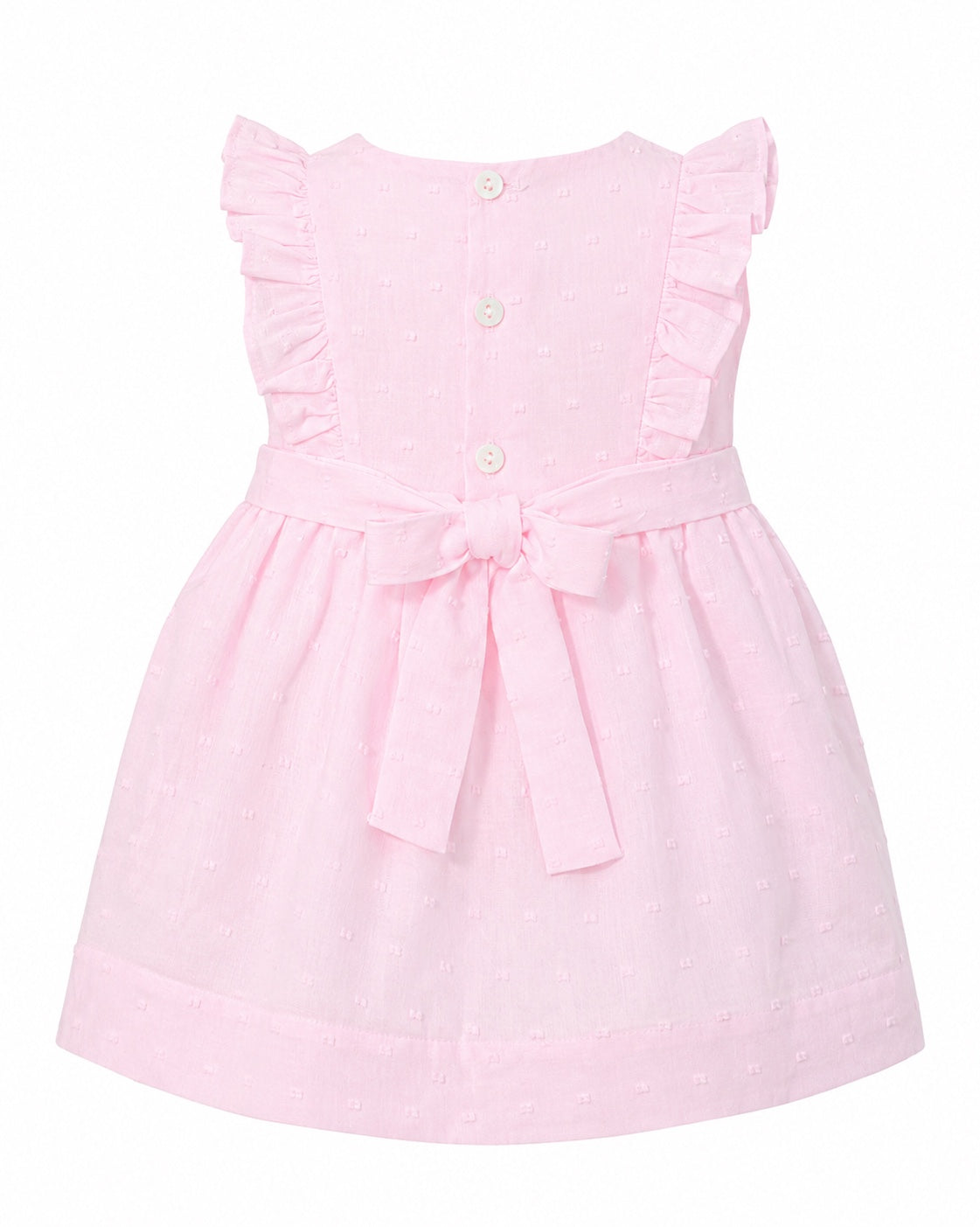 Carriage Boutique baby girl pink Swiss dot dress with ruffled sleeves and a back waist bow detail
