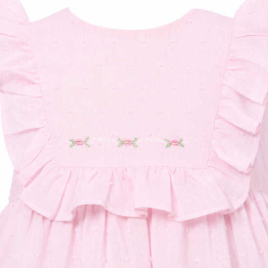 Carriage Boutique baby girl pink Swiss dot dress with ruffled sleeves and delicate floral embroidery detail