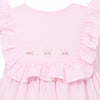 Carriage Boutique baby girl pink Swiss dot dress with ruffled sleeves and delicate floral embroidery detail
