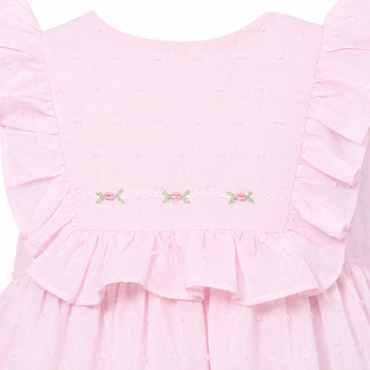 Carriage Boutique baby girl pink Swiss dot dress with ruffled sleeves and delicate floral embroidery detail