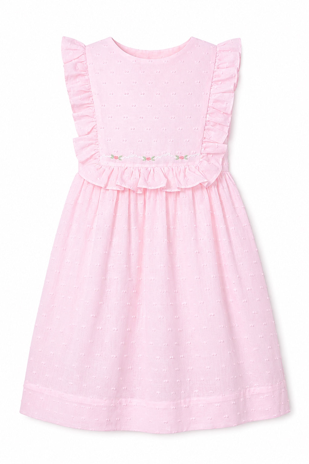 Carriage Boutique pink toddler dress with Swiss dot fabric, ruffled sleeves, and delicate floral embroidery detail.