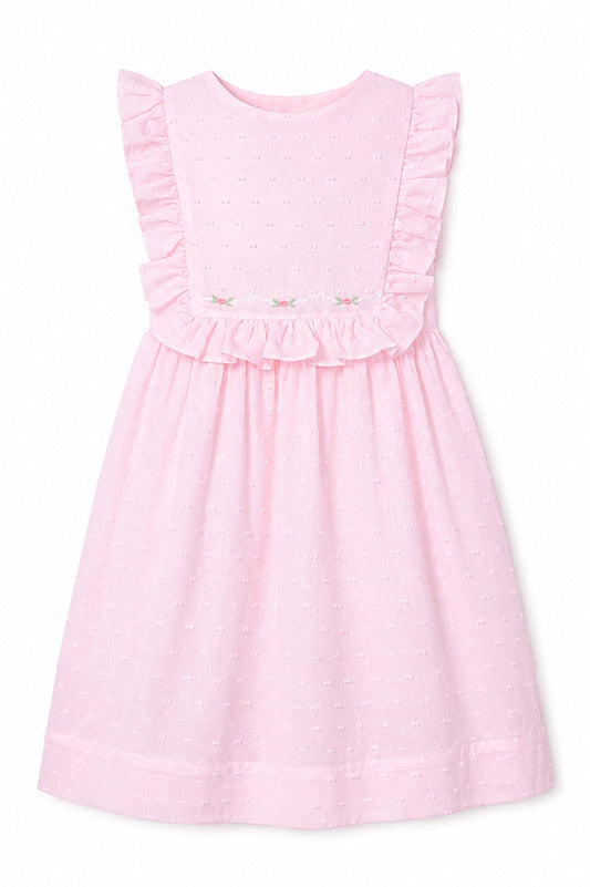 Carriage Boutique pink toddler dress with Swiss dot fabric, ruffled sleeves, and delicate floral embroidery detail.