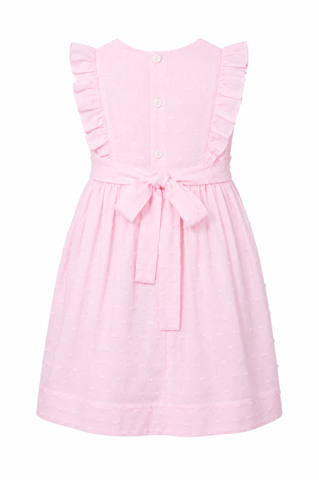 Carriage Boutique pink toddler dress with Swiss dot texture, ruffled sleeves, and a back tie waist.