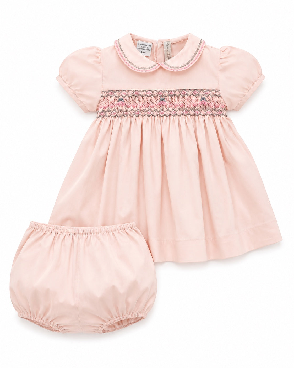 Carriage Boutique pink taffeta baby girl dress with hand-smocked floral waist, puffed sleeves, and matching bloomers.