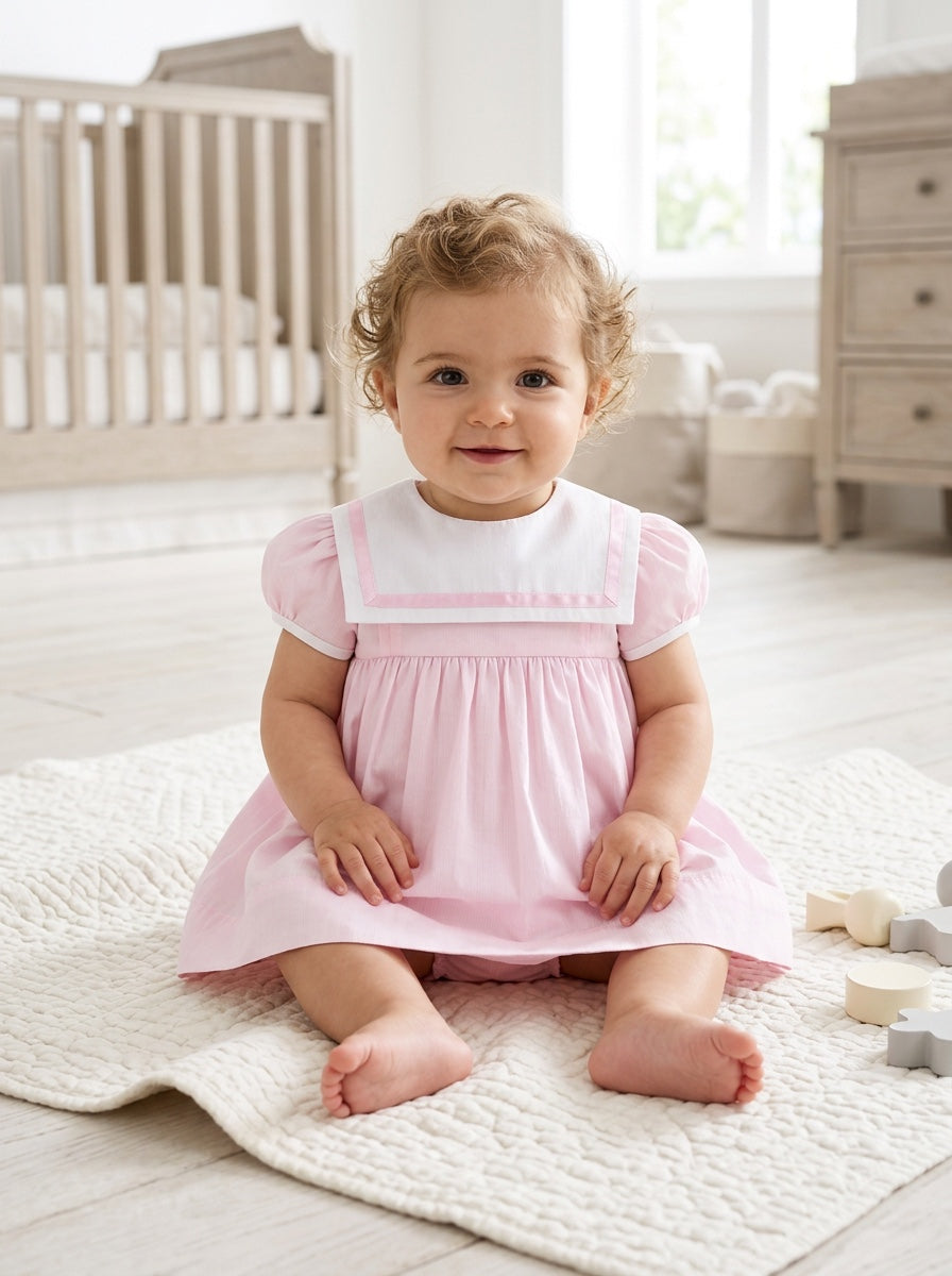 Carriage Boutique baby girl wearing a pink and white short sleeve dress with a classic sailor collar in a nursery.